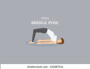 Vector illustration of sporty women doing back bend on the floor and balancing on foot and shoulders in yoga bridge pose isolated on plain grey background