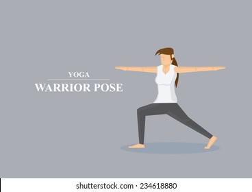 Vector Illustration Of Sporty Women In Yoga Warrior Pose With Both Arms Stretched Out To The Side And One Knee Bent Isolated On Plain Grey Background.