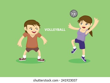 Vector illustration of Sporty young couple playing volleyball isolated on green background
