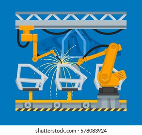 Vector illustration of spot welding of car doors with industrial robots. Plant conveyor belt. Automobile industry automation concept design element in flat style.