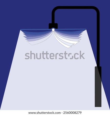 Vector illustration. Spotlight illuminates book, symbolizing power of knowledge to shed light on world. Literature. Concept of knowledge, library, education. Copy space for text.