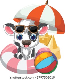Vector illustration of a spotted calf wearing sunglasses inside a swim ring at beach.