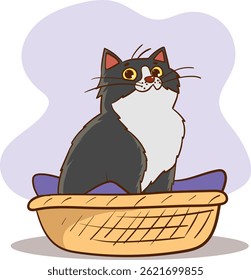 Vector illustration of a spotted cat with a blanket and curious face sitting in a soft basket.