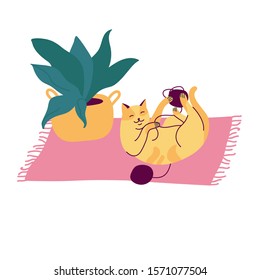 Vector illustration spotted cat playing with ball of yarn on the carpet near a flower pot