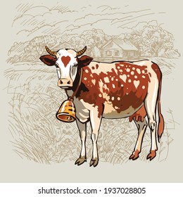 Vector illustration. Spotted cow with bell on her neck, with village, wooden houses and garden in the background.Dairy theme