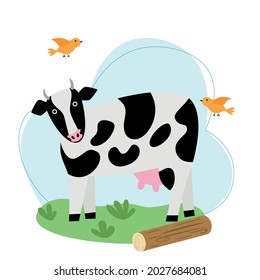Vector illustration with a spotted cow on a background of sky and grass in flat style.