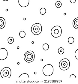 Ilustración vectorial. Fondo gris, negro y blanco. Patrón abstracto geométrico con contorno dibujado a mano, círculos de línea. Puntos dispersos aleatoriamente de forma irregular.