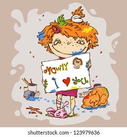 Vector illustration of spotted little girl with picture to her mother