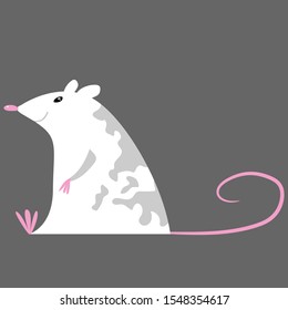 Vector illustration of spotted white and gray rat with pink tail in cartoon style. Cool illustration of animal for New 2020 rat year (Сhinese horoscope).