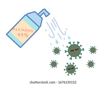 Vector Illustration of spray alcohol to Coronavirus or COVID19 isolated on white background. NCOV is a respiratory diseases and new type of flu that spreading in Asia such as China, Thailand and Korea