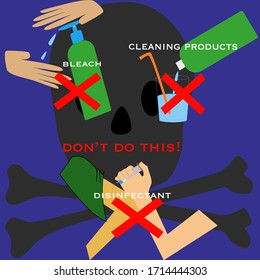 Vector illustration of spraying hands, pouring liquid into glass and injecting arm with Red Cross on skull background concept of Don’t drink bleach, disinfectant or inject cleaning product inside body