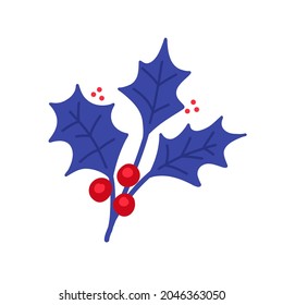 Vector illustration with a sprig of holly and red berries in a flat style on a white background. Christmas illustration for postcards, gifts, holidays, T-shirts.