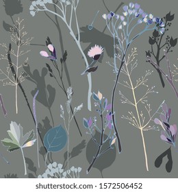 Vector illustration with sprigs, leaves, blades of grass, inflorescences and seeds on a dusty gray background. Seamless pattern with herb. Delicate pastel colors. EPS 10