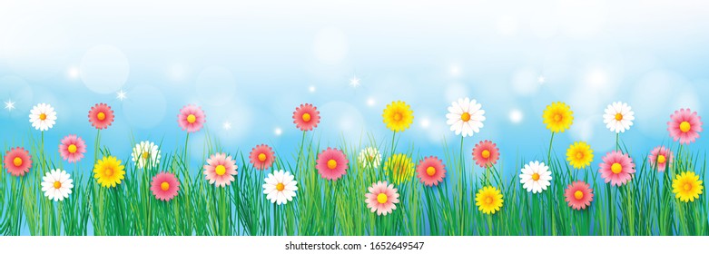 Vector illustration spring abstract background beautiful colorful flower, for a spring time vacation concept over a blue sky, with light blur bokeh and glitter effect, banner template with copy space