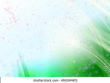 Vector illustration of spring abstract background with abstract elements like fly around petals in the sky over the blurred silhouettes of grass
