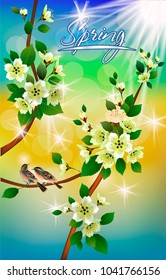Vector illustration spring. All wakes up, flowers sakura blossom. Postcard.