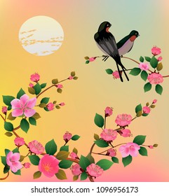 Vector illustration spring. All wakes up, flowers sakura blossom.Postcard 