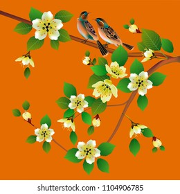 Vector illustration spring. All wakes up, flowers sakura blossom.Postcard 