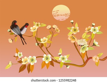 Vector illustration spring. All wakes up, flowers sakura blossom.Postcard 