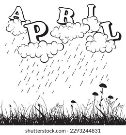 Vector illustration for the spring April rain from small clouds on the lawn.