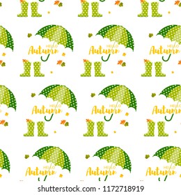 Vector Illustration. Spring autumn wellington rain boots and umbrella, autumn leafs pattern. Seamless pattern with rain boots and word hello autumn 