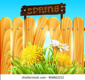 Vector illustration of a spring background with fence