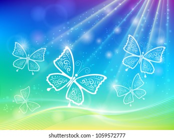 Vector illustration. Spring background with lace butterflies in the rays of light, decorated with waves and asterisks. Shining colorful bokeh background, defocused light with flying butterflies.