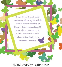 Vector illustration. Spring background of multicolored butterflies. Frame, place for your text or congratulations.