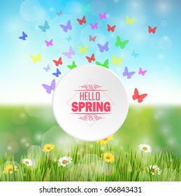 vector illustration of Spring background with round frame and butterflies