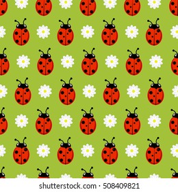 Vector illustration spring background, seamless pattern with small flowers and ladybugs