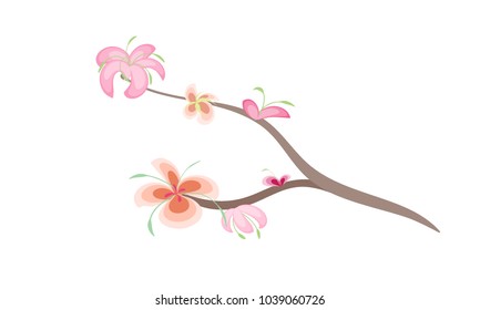 Vector illustration of spring bloom branch with tropical pink flowers, buds. Cartoon copyspace background bloom high quality spring springtime green wood stick sakura blooming 