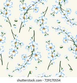 Vector illustration of spring blossom branch. White-blue flowers and green stems on beige background. Seamless pattern.