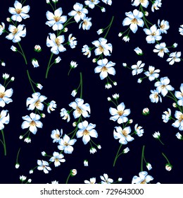 Vector illustration of spring blossom branches. White-blue flowers and green stems on black background. Seamless pattern.