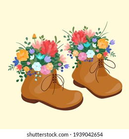 Vector illustration spring boots on laces with blooming bouquet spring flowers, cotton. Spring symbol flat style.