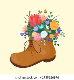 Vector illustration spring boots on laces with blooming bouquet spring flowers, cotton on white isolated background. Spring symbol flat style.