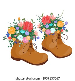 Vector illustration spring boots on laces with blooming bouquet spring flowers, cotton on white isolated background. Spring symbol flat style.