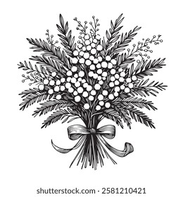 Vector illustration of spring bouquet mimosa tied with ribbon, simple linear drawing of flowers isolated on white background. for bouquet design.