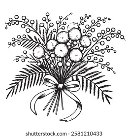 Vector illustration of spring bouquet mimosa tied with ribbon, simple linear drawing of flowers isolated on white background. for bouquet design.