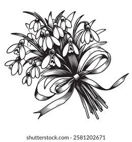 Vector illustration of spring bouquet of snowdrops tied with ribbon, simple linear drawing of flowers isolated on white background. for bouquet design.