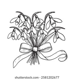 Vector illustration of spring bouquet of snowdrops tied with ribbon, simple linear drawing of flowers isolated on white background. for bouquet design.