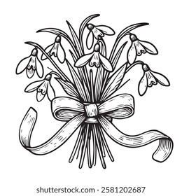Vector illustration of spring bouquet of snowdrops tied with ribbon, simple linear drawing of flowers isolated on white background. for bouquet design.