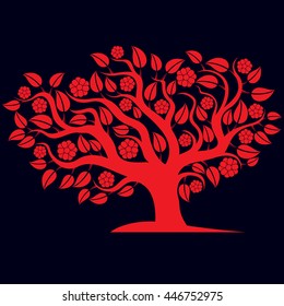 Vector illustration of spring branchy tree with beautiful blossom. Gorgeous flowers, blooming tree art image, can be used as design symbol on ecology theme.