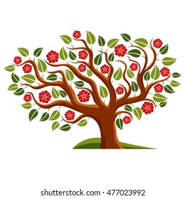 Vector illustration of spring branchy tree with beautiful blossom. Gorgeous flowers, blooming tree isolated on white background.