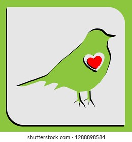 vector illustration a spring card with a silhouette of a bird with a shadow on a green background and red heart inside for a congratulation with March 8 or St. Valentine's Day