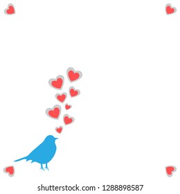 vector illustration a spring card with a silhouette of a bird of blue color with the taking-off hearts from a beak on a white background with hearts on corners for a congratulation with March 8 or St.