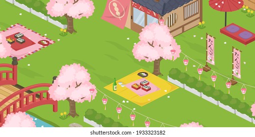 Vector illustration of spring cherry blossom viewing landscape (isometric)