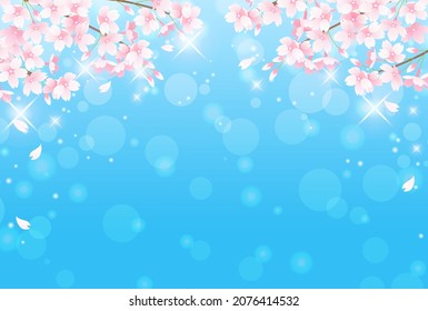 Vector illustration of spring cherry blossoms, blue sky and bokeh