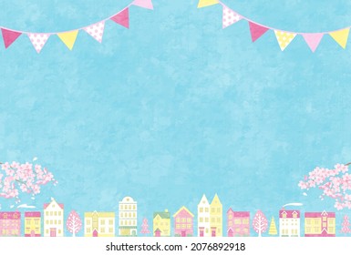 Vector illustration of spring cherry blossoms and cityscape