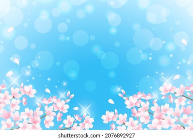 Vector illustration of spring cherry blossoms, blue sky and bokeh