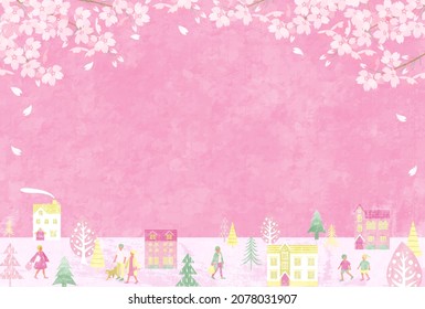 Vector illustration of spring cherry blossoms, cityscape and people